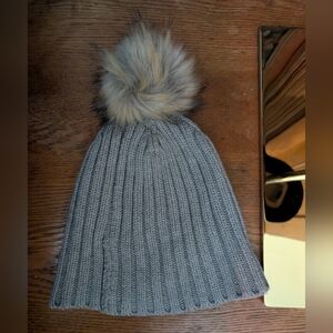 J. Crew Gray Knit Hat with Faux Fur Pom